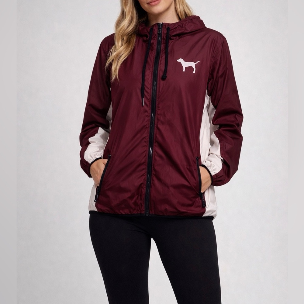 PINK Victoria Secret Hooded Windbreaker XS - S Burgundy Logo EUC
